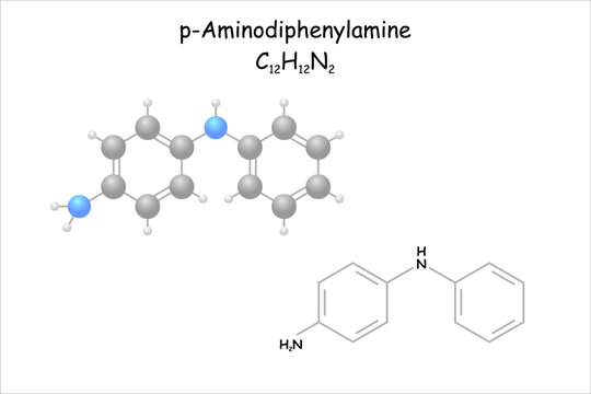 Stylized molecule model/structural formula of p-aminodiphenylamine.