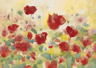 Red poppy field in the Sun watercolor background