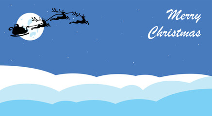 Obraz na płótnie Canvas Christmas Landscape snow Fir Tree at Night and Big Moon. Merry Christmas banner. Silhouette Santa Claus in sleigh with deers flying on stars background
