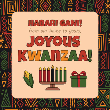 Greeting Card Joyous Kwanzaa - African American Heritage Holiday With Seven Candles, Corn, Gift Box Icon And Abstract Ethnic Tribal Ornament Seamless Pattern Background. Kwanza Template