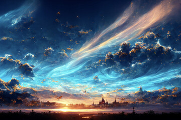 幻想的な夕焼けと青空の共鳴