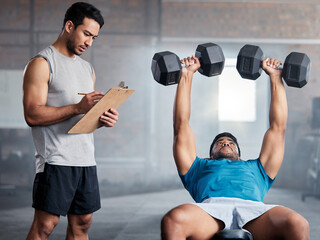 Fitness, body builder and weight, coach or personal trainer with checklist, exercise or training in gym with motivation. Man coaching, workout or bodybuilder with muscle, strong or athlete commitment