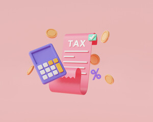 Tax document with calculator and money. Tax payment, financial management and business tax, taxation, Bill payment, tax percentage, calculation of tax. Concept tax payment. 3d render illustration