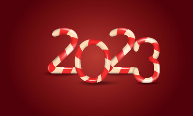 Happy new year 2023 banner. 3d candy cane text 2023 Happy new year on red background.
