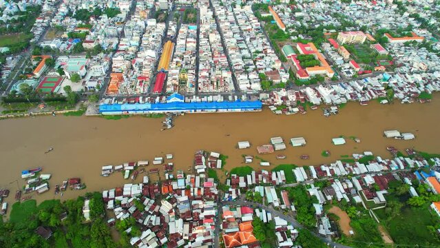 Chau Doc city, An Giang Province, Viet Nam, aerial view. This is a city bordering Cambodia in the Mekong Delta region of Vietnam.