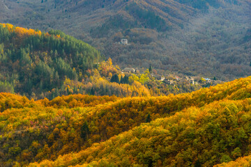 Obraz premium Street view of the forest near kapesovo, with fall colors and kipoi village as background in Zagori., Tymfi mountain, Epirus, Greece.