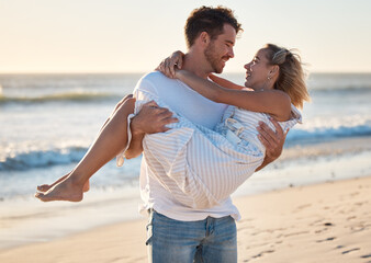 Couple, beach and man carrying woman for love, relax and marriage support together on travel...