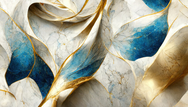 Fototapeta Abstract luxury marble background. Digital art marbling texture. Blue, gold and white colors 