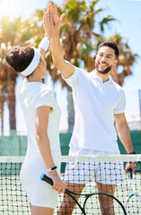 Tennis, friends and high five for sports game, exercise or workout together on the tennis court....