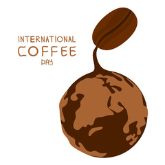International coffee day vector illustration. Globe concept doused with coffee beans on white background.