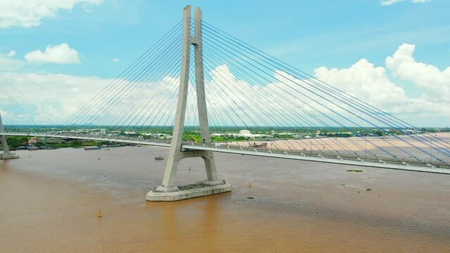 Vam Cong bridge, Dong Thap, Vietnam, aerial view. Vam Cong bridge connects Dong Thap and Can Tho provinces in the Mekong delta, Vietnam.
