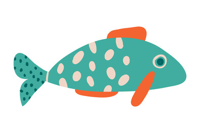 Vector hand drawn cute fish in flat style. Green fish. Vector illustration for icon, logo, print, icon, card, emblem, label. Aquarium, ocean, sea