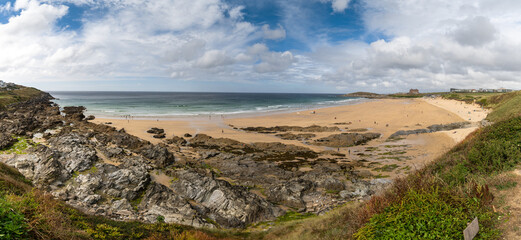 panorama landscape of Fistral Beach in Newquay on a sunny late summer day