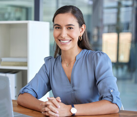 Business, working and portrait of woman at desk with smile on face for success, leadership and...