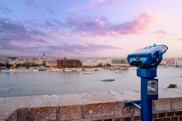 Coin Operated Binocular viewer in Budapest looking out to the river and city.