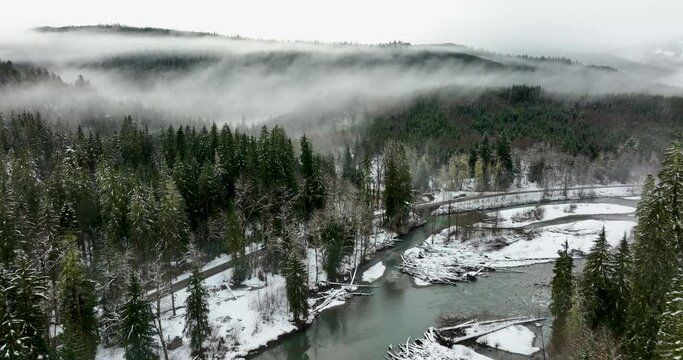 Winter Scene Misty Forest Aerial of Stillaguamish River and Mountain Loop Highway Washington State USA