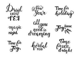 Merry Christmas. Set of handwritten lettering quote with Happy New Year phrase. Vector hand drawn calligraphy type