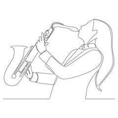 Continuous line drawing woman saxophonist performing saxophone vector line art illustration