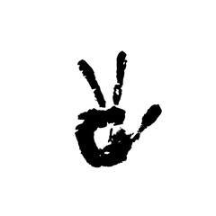 Human palm imprint. paint trace of fingers. Person, hand. Creative, art. Pacifist, happy, peace symbol drawn by paint brush. Black Hippie graffiti sign isolated on white.