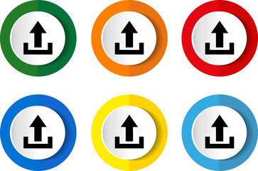 Upload icon set, colorful flat design  illustrations in 6 options for web design and mobile applications.