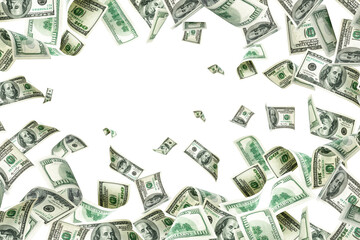 Dollar sign. American money. Cash white background, us bill. Money falling.