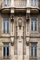 Architectural detail of neoclassical buildings in Istanbul. Facade parts. Windows of houses in art nouveau style.