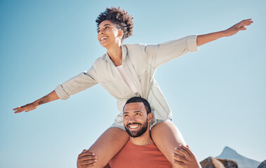 Love, happy and piggyback with couple and blue sky in nature for freedom, support and summer....