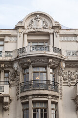 Architectural detail of neoclassical buildings in Istanbul. Facade parts. Windows of houses in art nouveau style.
