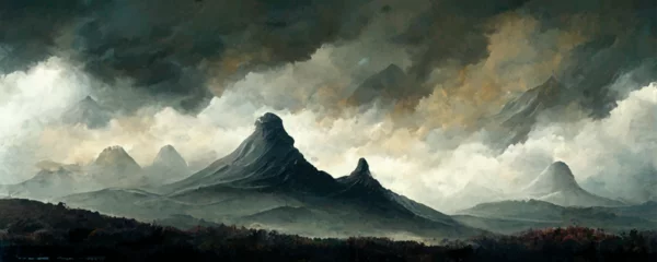 Papier Peint photo Kaki Paysage de montagne atmosphérique maussade