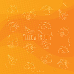 Yellow background design with print pattern of fruits design for fruit advertising background design