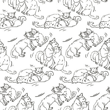 The background of cats in the form of a sketch. Black and white sketches. Suitable for printing on paper and textiles. Gift wrapping for Valentine's Day. Line, picture