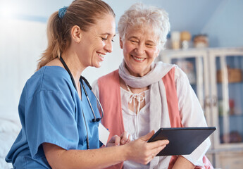 Nursing home, senior patient and nurse with tablet, medical exam results or digital report of stethoscope heart test. Medical support, communication and happy old woman consulting healthcare worker