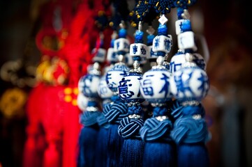 Close-up shot of traditional Chinese blue pendants