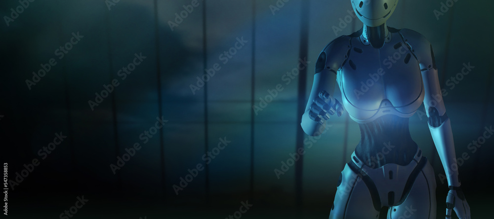Poster robot showing or touching something with her forefinger.