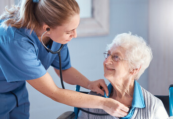 Senior woman, nurse and stethoscope to check heartbeat, breathing and health of and elderly patient...