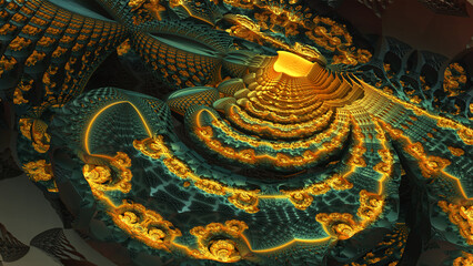 Abstract background, fantastic 3D gold structures, abstract fractal architecture, 3D render illustration. 