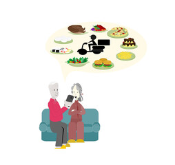 Illustration old man and old woman sitting on the sofa watching the mobile.Grandparents are delivering food online.Technology Learning for the Elderly concept on transparent background.png.