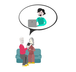 Vector Illustration old man and old woman sitting on the sofa watching the mobile.Telephone consultation for the elderly.Call center helps grandparents through the Internet.