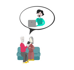 Illustration old man and old woman sitting on the sofa watching the mobile.Telephone consultation for the elderly.Call center helps grandparents through the Internet.