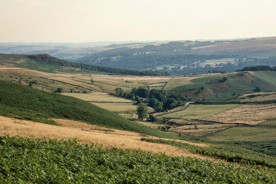 Stunning landscape image looking into lush green valley of farm fields in Peak District in late Summer