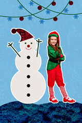 Creative photo 3d collage artwork poster postcard of funny funky person stand big snowman isolated...