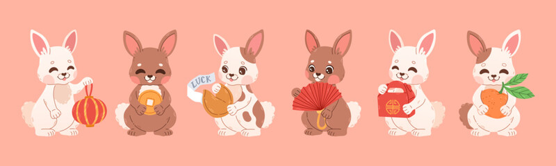 Happy Chinese new year 2023 set with cute rabbits. 2023 CNY card. Collection of Chinese rabbits. Vector