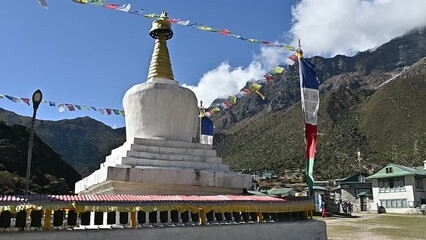 White stupa in Khumjung village the largest Sherpa village in Khumbu region of Nepal.