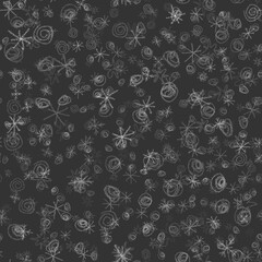 Hand Drawn Snowflakes Christmas Seamless Pattern. Subtle Flying Snow Flakes on chalk snowflakes Background. Beauteous chalk handdrawn snow overlay. Curious holiday season decoration.