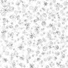 Hand Drawn Snowflakes Christmas Seamless Pattern. Subtle Flying Snow Flakes on chalk snowflakes Background. Appealing chalk handdrawn snow overlay. Alive holiday season decoration.