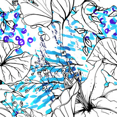 Floral Black White Pattern. Modern Watercolor