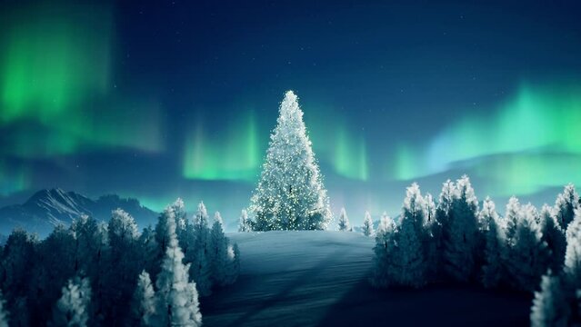 Christmas landscape with trees and snow. The main Christmas tree lights up the Christmas lights.