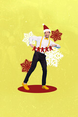 Photo artwork minimal picture of funny smiling guy cutting x-mas decorations isolated drawing background