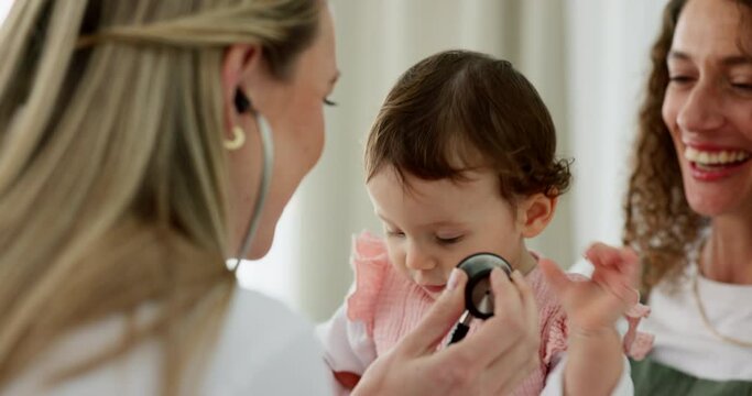 Baby, pediatrician and mom at doctor with stethoscope for checkup of kid for body health, heart wellness and healthy breathing. Mother, girl and gp do medical exam in hospital for children