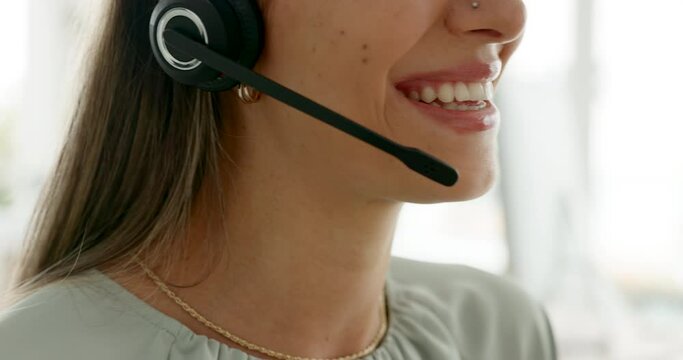 Call center consultation, happy woman face and customer service help, consulting and solution, telemarketing and communication agency. Sales employee talking to client online for web customer support